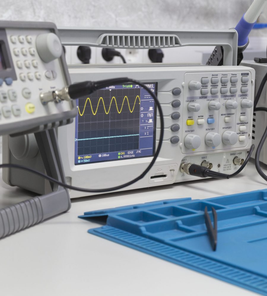 Power supplies and electronic measuring devices in the laboratory.Electronic measuring instruments in science lab.